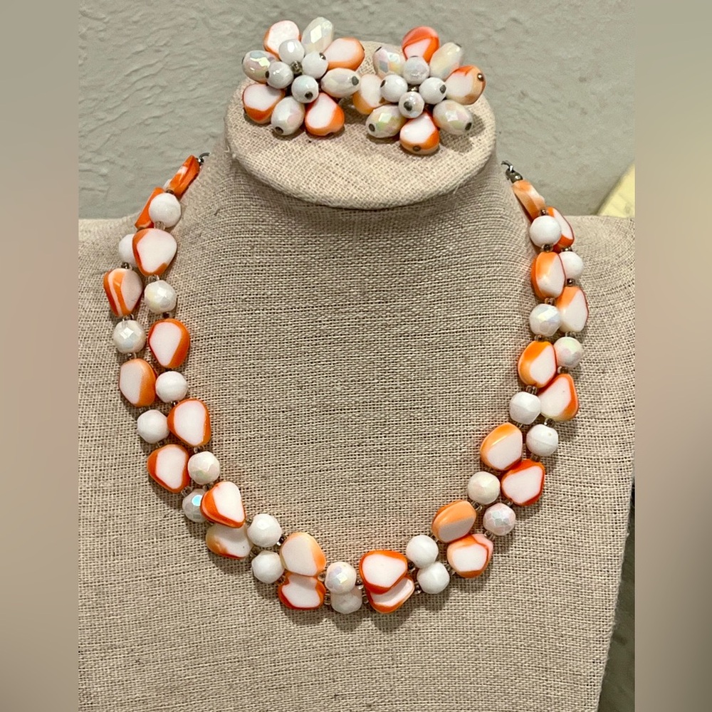 Vintage West Germany Orange and White Glass Beaded Necklace & Clip Earrings Set